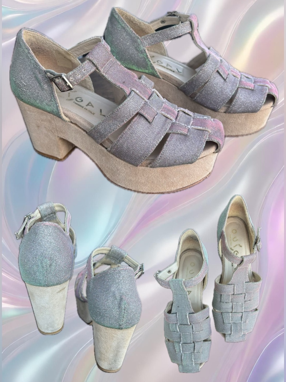 Anthropologie Iridescent Metallic T-Strap Cage Platform Heels | Made in Italy